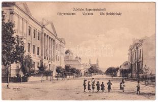 Szamosújvár, Gherla; Főgimnázium, Víz utca, Kir. Járásbíróság. Anka Sándor kiadása / grammar school, street view, district court (ragasztónyom / glue mark)