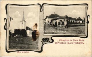 1926 Olasztelek, Talisoara; Községháza, állami iskola, református templom / town hall, school, Calvinist church. Art Nouveau (EK)