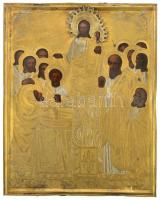 Ikon - Jézus a tanítványokkal, réz okláddal, jelzéssel, bársonnyal borított, szép állapotban, 22x18 cm