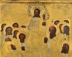 Ikon - Jézus a tanítványokkal, réz okláddal, jelzéssel, bársonnyal borított, szép állapotban, 22x18 ...