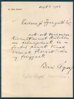 Bari Ágost író autográf levele