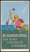 cca 1930-1940 Die italienische Riviera - San Remo, Ospadaletti, Bordighera / Az Olasz Riviéra, német nyelvű idegenforgalmi ismertető prospektus, fekete-fehér képekkel illusztrált, jó állapotban (a borító minimálisan foltos)