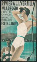 cca 1930 Riviera della Versilia, Viareggio, Lido di Camaiore, Marina di Pietrasanta, Forte dei Marmi / Olasz tengerparti üdülőhelyeket ismertető, német nyelvű, képes idegenforgalmi prospektus, a borítón art deco illusztrációval. Kihajtható, kisebb sérülésekkel, két lapon vágásból eredő hiánnyal.