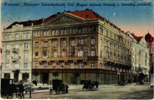 1917 Kolozsvár, Cluj; Takarékpénztár Első Magyar Biztosító társaság, Sebestyén palota, konflisok / saving banks palace, horse chariots (EK)