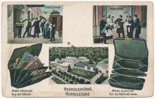 1915 Herkulesfürdő, Baile Herculane; Mikor érkeztem és mikor elutaztam. Humoros montázs fürdő szállodai vendégekkel, gyógyterem / Humorous montage with spa hotel guests, full and empty wallet (fl)