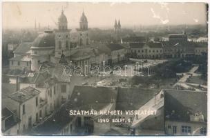 1940 Szatmárnémeti, Satu Mare; visszatért szeptember 5-én, bevonulás, katonai teherautók / entry of the Hungarian troops, military trucks. photo + &quot;1940 Szatmárnémeti visszatért&quot; So. Stpl (felszíni sérülés / surface damage)