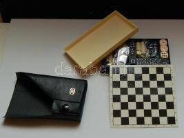 Csepel Művek jelzéssel ellátott mágneses sakk, malom és dominó készlet bőrtokban