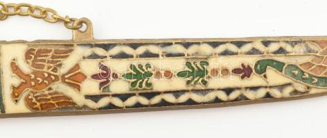 Tűzzománc díszítéssel réz levélbontó tőr, kopásokkal, h: 27 cm