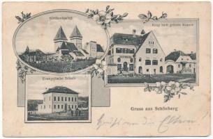 1918 Lesses, Schönberg, Sulumberg, Dealu Frumos (Szeben); Evangélikus vártemplom és iskola, fogyasztási szövetkezet üzlete és saját kiadása. F. Theil / Kirchenkastell, Evangelische Schule, Krug zum grünen Kranze, Konsum Verein / Lutheran castle church and school, cooperative shop. Art Nouveau, floral (EK)