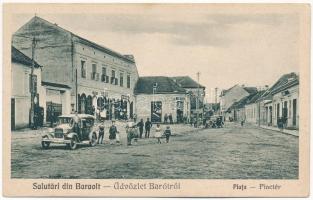 Barót, Baraolt; Piactér, autó, Béla Farkas, Takó Ferenc és Bartha üzlete / Piata / square, shops, automobiles (EK)