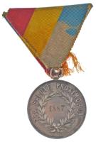 1887. Budapesti Önkéntes Mentő Egyesület ezüstözött fém kitüntetés sérült mellszalagon, hátoldalon 1887 évszám gravírozással T:AU,XF