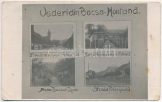 1935 Boksánbánya, Románbogsán, Németbogsán, Deutsch-Bogsan, Bocsa Montana; Primaria si biserica Greco-cat., Parcul Restaurantului "Paradis", Aleea Bocsa-Izvor, Strada Principala / Városháza, Görögkatolikus templom, "Paradis" park étterem, sétány, Fő utca / town hall, Greek Catholic church, park restaurant, promenade, main street. photo (EB)