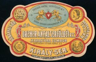 Dreher Antal Serfőzdéi Rt. Zombor Király ser sörcímke. Rendkívül ritka!
