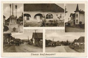 Bánffyhunyad, Huedin; országzászló, Ravasz László szülőháza, posta, Király utca / Hungarian flag, post office, street (EK)