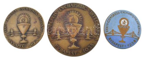 Madarassy Walter (1909-1994) 1938. "XXXIV. Nemzetközi Eucharisztikus Kongresszus Budapest" 3xklf jelvény: bronz jelvény (29mm és 23mm) és zománcozott bronz gomblyukjelvény (23mm) T:AU,XF