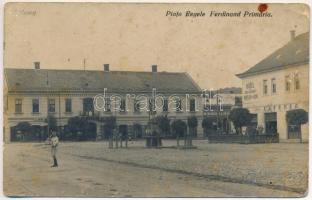 Hátszeg, Hateg; Piata Regele Ferdinand, Primaria, Hotel si Restaurant Mielul de Aur, Cafenea / Ferdinánd király tér, Városháza, szálloda, étterem és kávéház, üzletek. Bálint Nagy kiadása / square, town hall, hotel, restaurant and café, shops (EK)