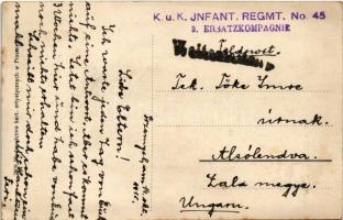 1915 Przemysl, Wybrzeze Franciszka Jozefa / quay + "K.u.K. Infant. Regmt. No. 45. 3. Ersatzkomp...