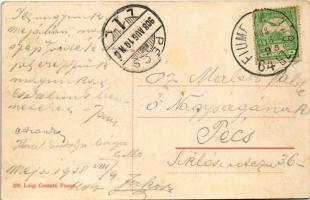 1908 Fiume, Rijeka; Riva Szapáry. Luigi Contatti + "FIUME-ZÁGRÁB 64. SZ." vasúti mozgópost...