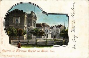 1902 Károlyváros, Karlovac; Pogled na Zorin dom / színház / theatre + "FIUME-ZÁGRÁB 64. SZ." vasúti mozgóposta (EK)