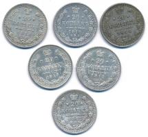 Orosz Birodalom 1910-1915. 20k Ag (6xklf) T:XF,VF Russian Empire 1910-1915. 20 Kopecks Ag (6xdiff) C:XF,VF Krause Y#22a.1, 22a.2