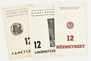A Debreceni Pedagógus Művelődési Ház Ajtósi Dürer ex librisgyűjtő köre 3 mappa: 15 rézmetszet (1 hiány), 12 fametszet, 12 linómetszet