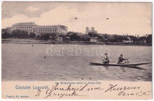 1904 Lugos, Lugoj; M. kir. törvényszéki palota és Temes folyó. Auspitz Adolf kiadása / court, Timis riverside (EK)