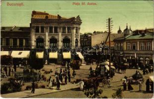 1908 Bucharest, Bukarest, Bucuresti, Bucuresci; Piata Sf. Anton / square, shops, market. Ad. Maier & D. Stern No. 1056 (EK)