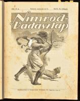 1922-1925 Nimród-vadászlap több évfolyama egybekötve, 1 teljes évfolyam (1924), 1 majdnem teljes évfolyam (1923), két fél évfolyam (1922. 18-24. sz., 1925. 1-8. sz.: XLIII. (X.) évf. 18-24. sz. 1922. szept. 15-dec. 15.; XLIV. (XI.) évf. 1-16, 19-24. sz. 1923. jan. 1.-aug. 15., okt. 1. - dec. 15.; XLV. (XII.) évf. 1-24. sz. 1924. jan. 1-dec. 15.; XIII. évf. 1-8. sz. 1925. jan. 1-ápril. 15.; Szerk.: Kittenberger Kálmán. Bp., Franklin, 261-368; 1-256, 281-378; 1-416;1-146 p. Gazdag korabeli reklámanyaggal. Gazdag fekete-fehér képanyaggal illusztrált. Érdekes írásokkal. Átkötött félbőr-kötésben, kopott borítóval, foltos lapokkal, a 1922.-es fél évfolyamban a 261-308. oldalak között sérült, részben amatőr módon javított lapokkal, a 1923-es évfolyamban a 17-18. számok hiányoznak.