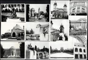 1976 Debrecen, utcarészletek, Kossuth és más köztéri szobrok, Református Nagytemplom, Déri Múzeum stb., 13 db fotó, hátoldalán feliratozott és datált, 9x12 cm