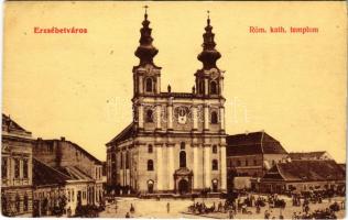 1908 Erzsébetváros, Dumbraveni; Római katolikus templom, piac, üzletek. W.L. (?) 766. / Catholic church, market, shops (kis szakadás / small tear)