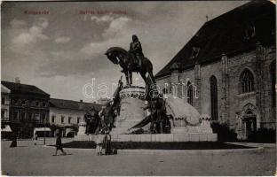 1908 Kolozsvár, Cluj; Mátyás király szobra, üzletek. W.L. 983. / statue, monument, shops (EK)