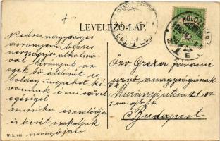 1908 Kolozsvár, Cluj; Mátyás király szobra, üzletek. W.L. 983. / statue, monument, shops (EK)