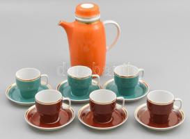 Hollóházi retro színes mokkás készlet, hiányos, kopással, jelzéssel