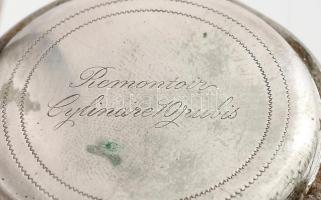 Kisméretű, antik Remontoir zsebóra, duplafedeles, díszes ezüstözött tokkal, jelzett, 10 köves szerke...