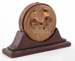 Régi ébresztőóra fa alapon, réz test, működik, kézi felhúzós 12 cm