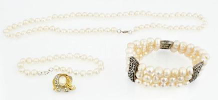 4 darabos tenyésztett gyöngy szett: karkötők, nyaklánc, bross