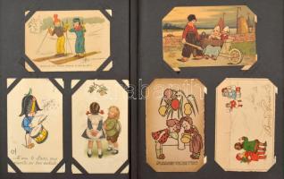 Kb. 110 db RÉGI motívum képeslap albumban szignókkal: gyerekek. Vegyes minőség / Cca. 110 pre-1960 a...