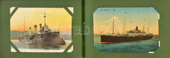87 db RÉGI motívum képeslap albumban: hajók, főleg első világháborús hadihajók. Vegyes minőség / 87 pre-1960 motive postcards in an album: ships, mostly WWI warships. Mixed quality