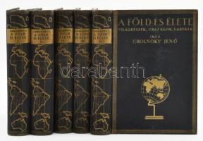 Cholnoky Jenő: A Föld és élete. I-V. köt. Világrészek, országok, emberek. I. köt.: Európa. II. köt: Ázsia. III. köt.: Afrika. IV. köt. Amerika. V. köt.: Ausztrália, Oceánia és a sarkvidékek. Bp., [1936-1937], Franklin-Társulat. Gazdag képanyaggal illusztrálva. Kiadói aranyozott egészvászon sorozatkötésben, kissé kopottas borítókkal, 2 térképmelléklet hiányzik