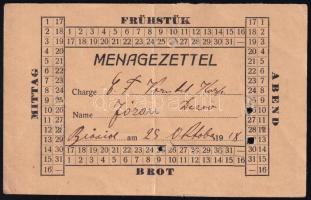 1918 Katonai étkezési jegy, 14x9,5 cm