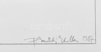 P. Emődi Etelka (1945-): Nagyváradi részlet a püspöki templommal, 1987. Tus, papír, jelzett, 22x34 c...