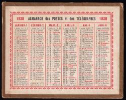 1930 Almanach des Postes et des Télégraphes francia nyelvű naptár / kártyanaptár, kartonon, kétoldalas, 12,5x10 cm