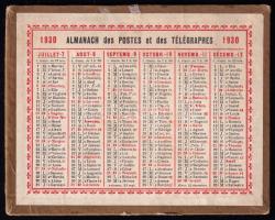 1930 Almanach des Postes et des Télégraphes francia nyelvű naptár / kártyanaptár, kartonon, kétoldal...