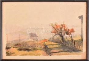 Barát József (?-): Őszi táj. Akvarell, papír. Jelezve jobbra lent. Apró foltokkal. Üvegezett keretben. 29×38 cm