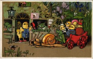 1921 Csirke család csiga szekéren / Chicken family on snail cart. Meissner & Buch Serie 2454. litho (EK)