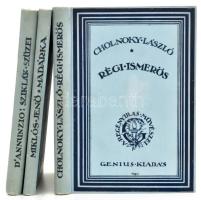 A Regényírás Művészei sorozat 3 kötete: Cholnoky László: Régi ismerős; Miklós Jenő: Madárka; Gabriele D'Annunzio: Sziklák szüzei. Ford.: Balla Ignác. Bp., 1921, Genius. A borító Végh Gusztáv munkája. Kiadói festett egészvászon sorozatkötésben (Gottermayer-kötés), jó állapotban. Számozott (21./100, ill. 24./250) példányok!