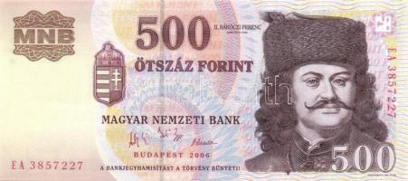 2006. 500Ft "EA" (2x) kisugrású sorszámokkal, mindkét portrényomat alul nyomdahibával T:I