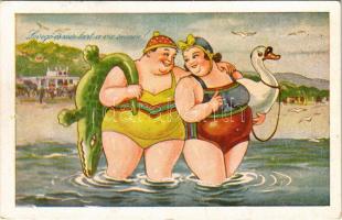 1950 Balaton, Levegő és zsír tart a víz színén! Humoros karikatúra (fa)