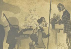 cca 1910 Tudósokat ábrázoló karikatúráról készült korabeli fotó, üvegezett keretben, a képen későbbi...