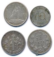 4db klf kis ezüstpénz klf országokból, közte Amerikai Egyesült Államok 1964D. 1d Ag "Roosevelt&...